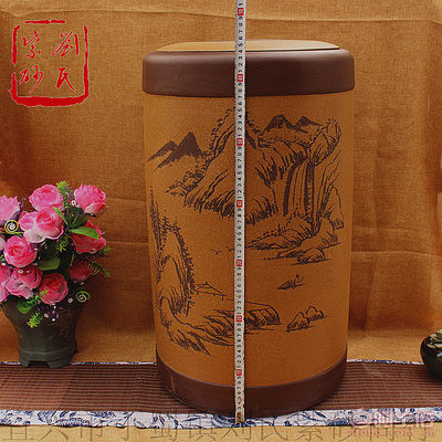 【宜兴紫砂茶叶罐雕刻山水普洱醒茶罐茶叶缸紫砂缸密封罐厂家直批CYG002866*37】宜兴市丁蜀镇刘聴雨陶艺经营部 - 产品库